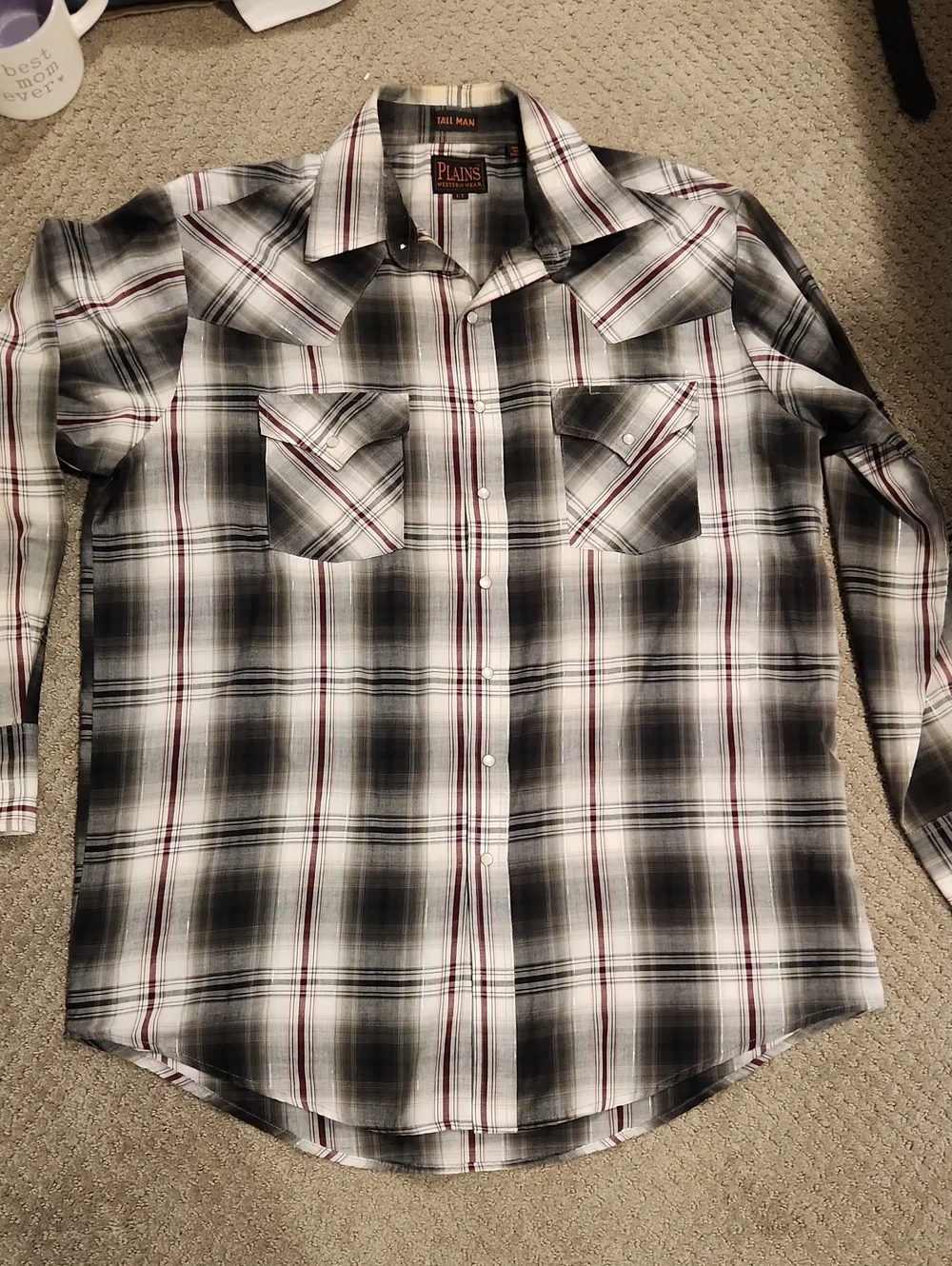 Plains Western Wear black and white plaid pearl snap shirt LT